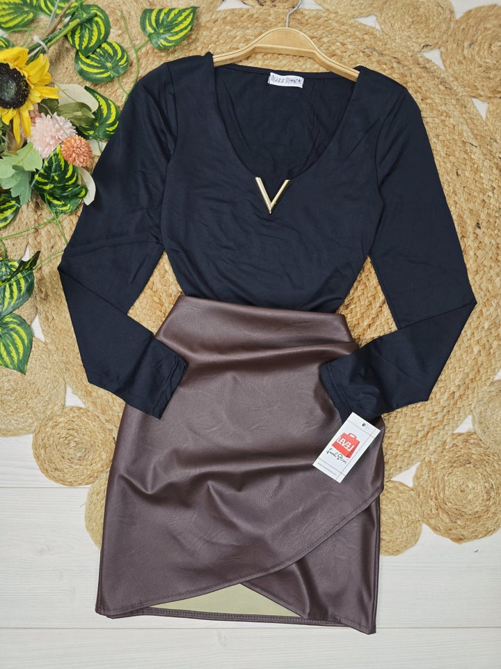 Body in lycra con manica lunga scollo a v elasticizzato Beige Level Stores