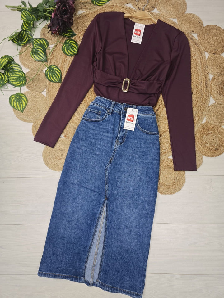 Body in lycra con manica lunga scollo a v elasticizzato Marrone Level Stores