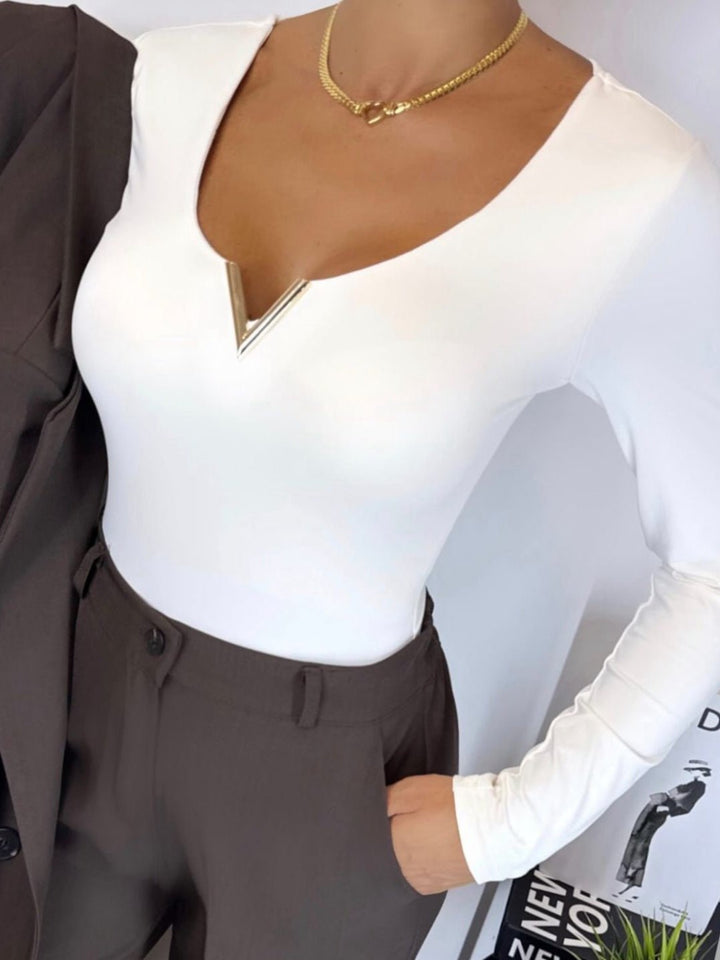 Body in lycra con manica lunga scollo a v elasticizzato Bianco Level Stores