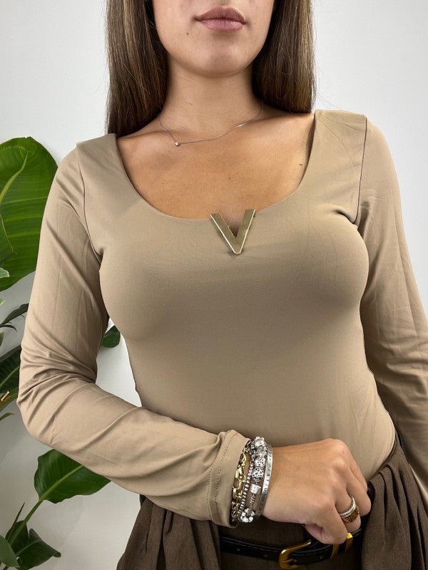 Body in lycra con manica lunga scollo a v elasticizzato Nero Level Stores