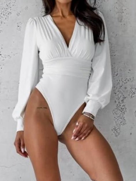 Body in lycra con manica lunga scollo a v elasticizzato Bianco Level Stores