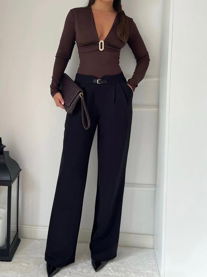 Body in lycra con manica lunga scollo a v elasticizzato Marrone Level Stores