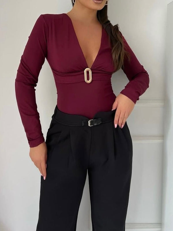 Body in lycra con manica lunga scollo a v elasticizzato Bordo Level Stores