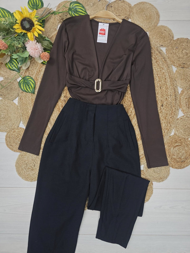Body in lycra con manica lunga scollo a v elasticizzato Marrone Level Stores
