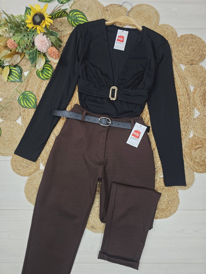 Body in lycra con manica lunga scollo a v elasticizzato Marrone Level Stores