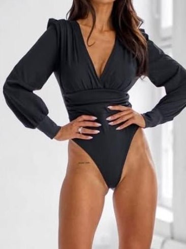 Body in lycra con manica lunga scollo a v elasticizzato Nero Level Stores