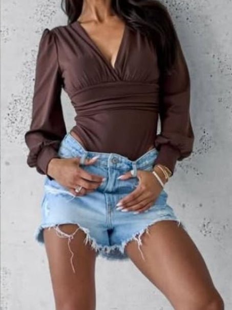 Body in lycra con manica lunga scollo a v elasticizzato Marrone Level Stores