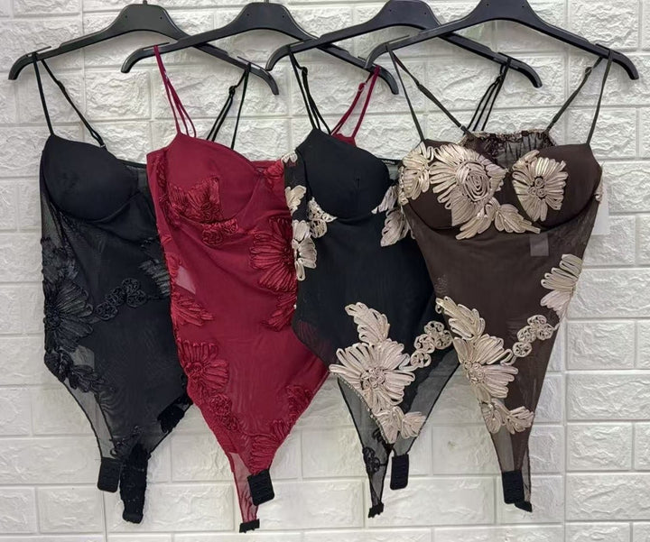 Body in tulle con ricamo con scollo a cuore con coppe preformate con bretelle elasticizzato Marrone Level Stores