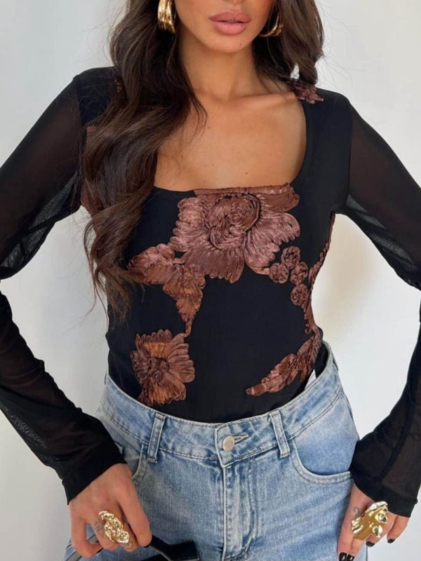 Body in tulle con ricamo con scollo quadrato elasticizzato Nero Level Stores
