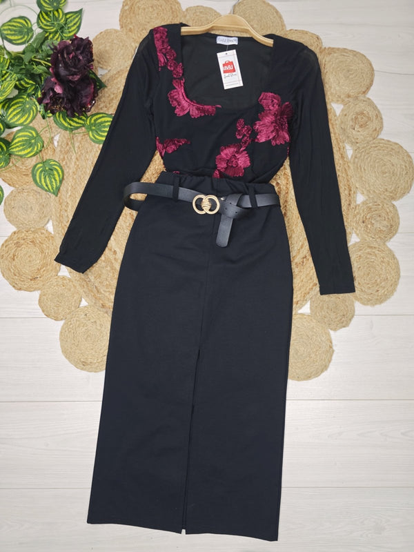Body in tulle con ricamo con scollo quadrato elasticizzato Nero/Bordo Level Stores