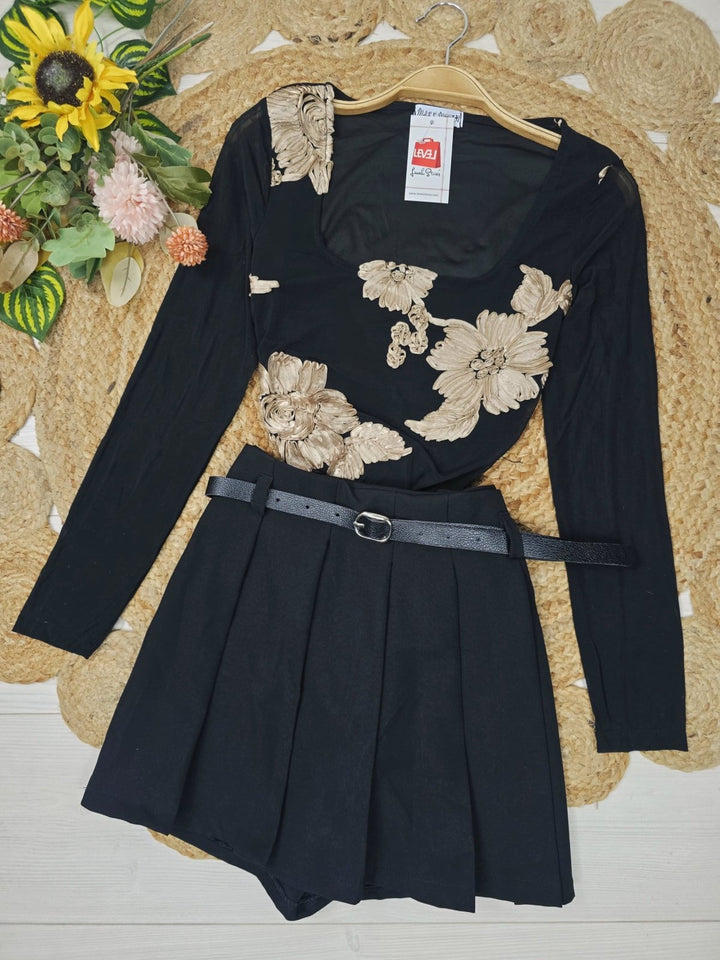 Body in tulle con ricamo con scollo quadrato elasticizzato Nero/Beige Level Stores