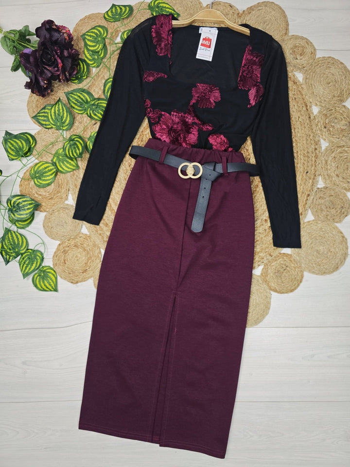 Body in tulle con ricamo con scollo quadrato elasticizzato Nero/Bordo Level Stores