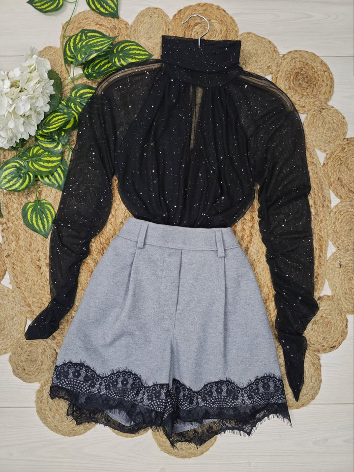 Body in tulle in lurex collo alto elegante Nero Level Stores