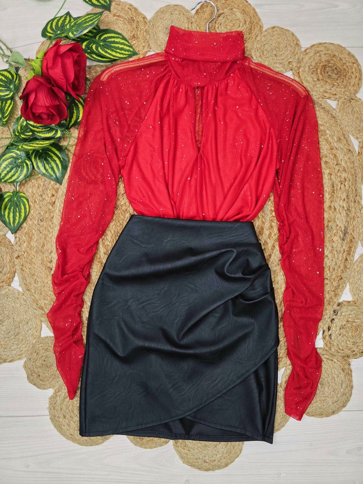 Body in tulle in lurex collo alto elegante Rosso Level Stores