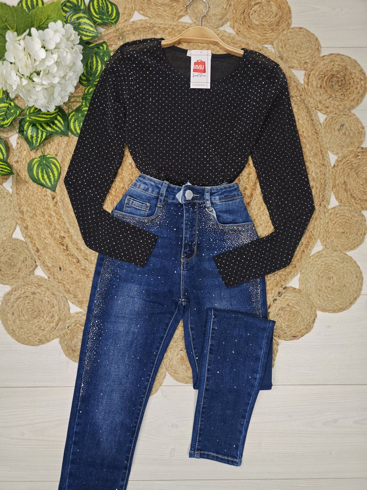 Body strass in leggera a girocollo trasparente Nero Level Stores