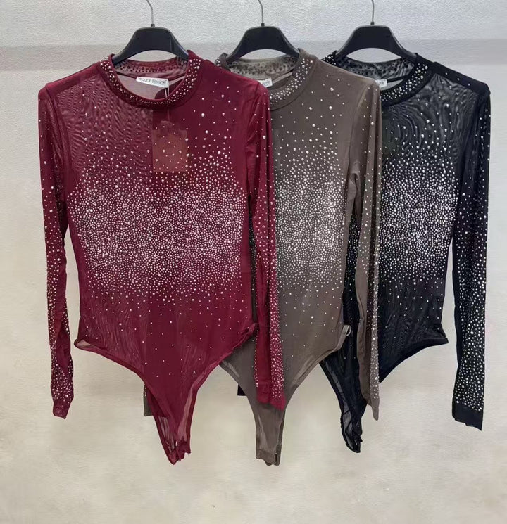 Body trasparente aderente elasticizzato con finiture in strass Bordo Level Stores
