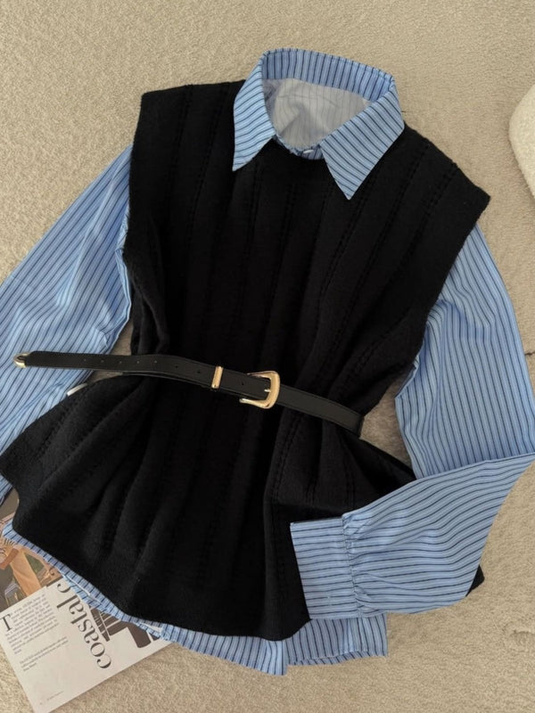 Camicia e gilet in maglia smanicato con cintura inclusa Nero Level Stores