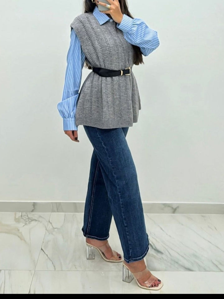 Camicia e gilet in maglia smanicato con cintura inclusa Grigio Level Stores