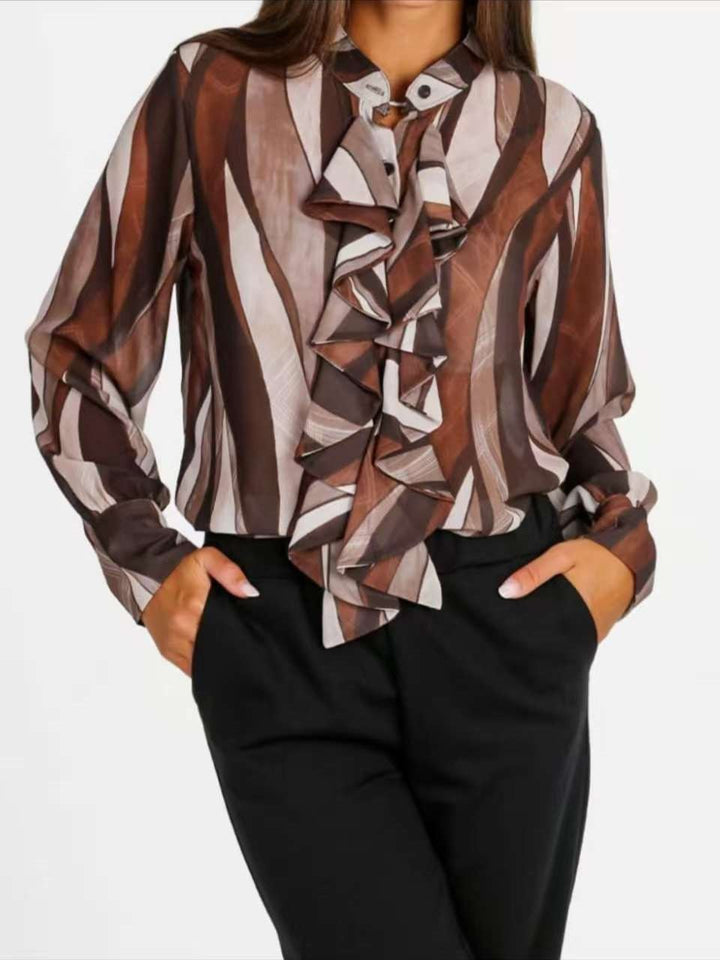 Camicia in chiffon con fantasia astratta con scollo a V con volant Marrone Level Stores