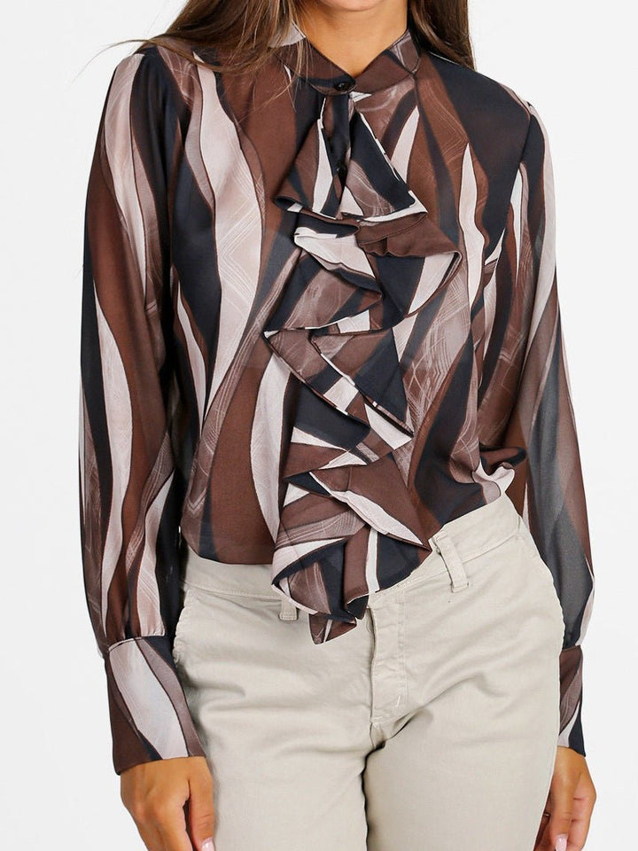 Camicia in chiffon con fantasia astratta con scollo a V con volant Nero Level Stores