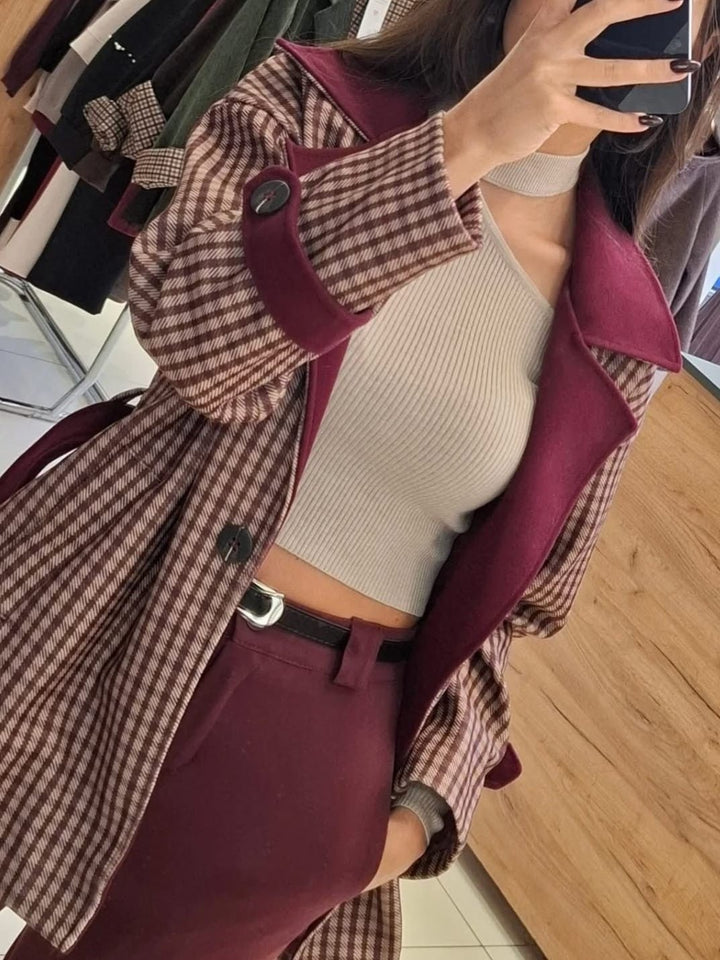 Cappotto in panno a quadri pensato caldo e morbido inclusa la cintura con tasche Marrone Level Stores