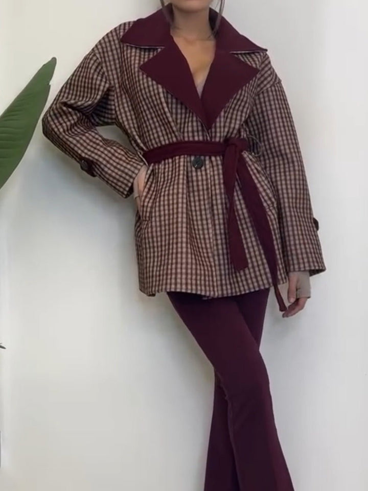 Cappotto in panno a quadri pensato caldo e morbido inclusa la cintura con tasche Marrone Level Stores