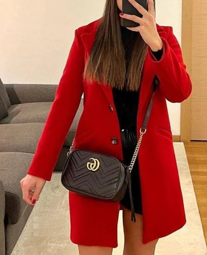 Cappotto in panno Aderente Scollo a V incrociato Tasche Bottonii - Rosso - Level Stores