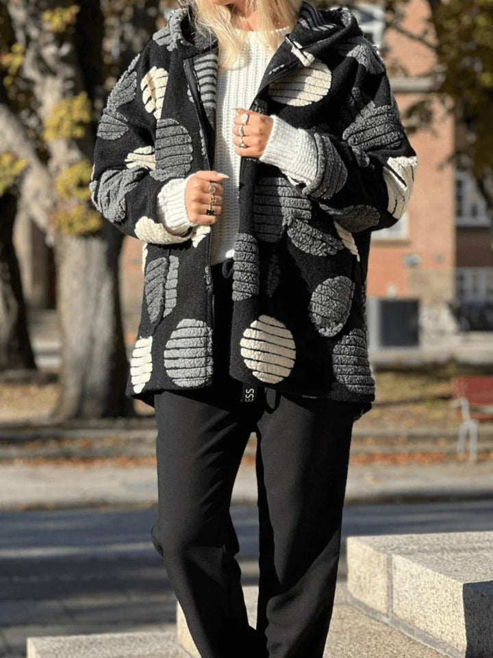 Cappotto in panno con cappuccio con zip con fantasia astratta pesante morbido e caldo Nero Level Stores