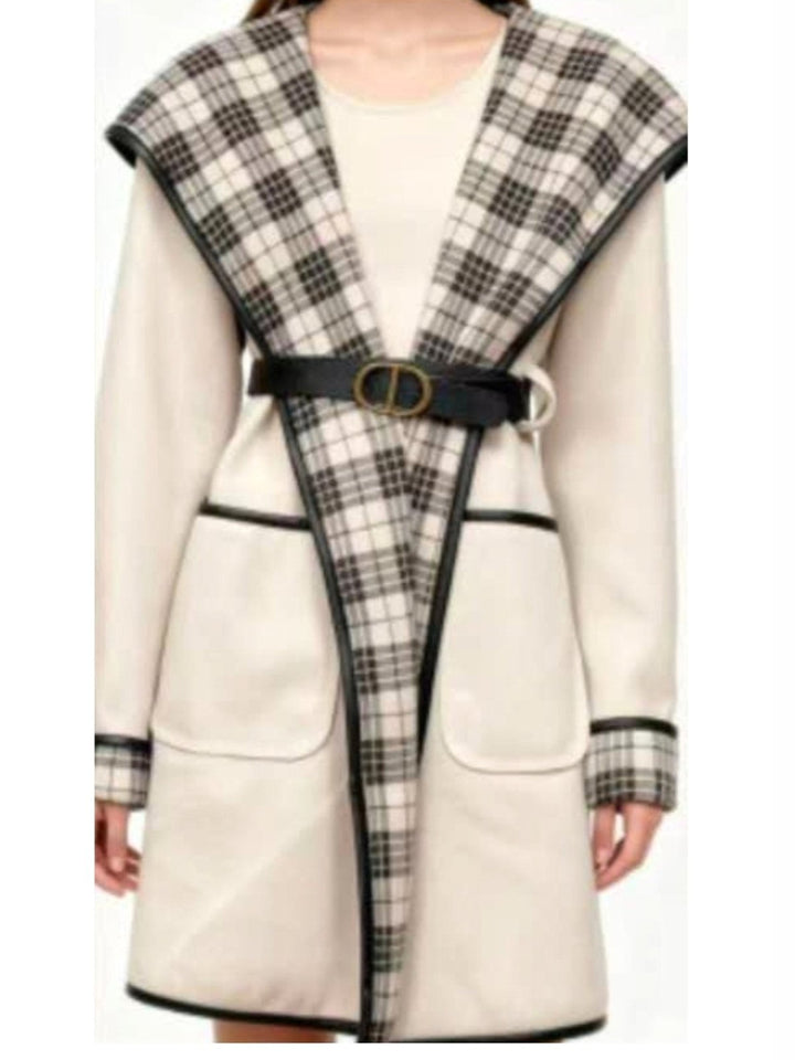 Cappotto in panno con cappuccio media lunghezza inclusa la cintura con tasche caldo e morbido Beige Level Stores
