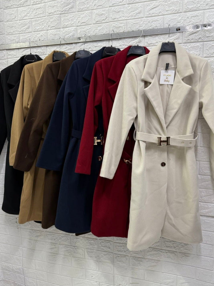 Cappotto in panno con fodera caratterizzato da chiusura a doppio bottone inclusa la cintura morbido e caldo Nero Level Stores