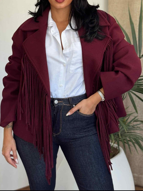 Cappotto in panno con fodera con frange chiusura con bottone con maniche lunghe morbido e caldo Nero Level Stores