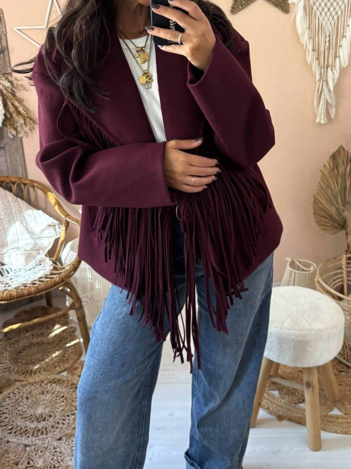 Cappotto in panno con fodera con frange chiusura con bottone con maniche lunghe morbido e caldo Bordo Level Stores