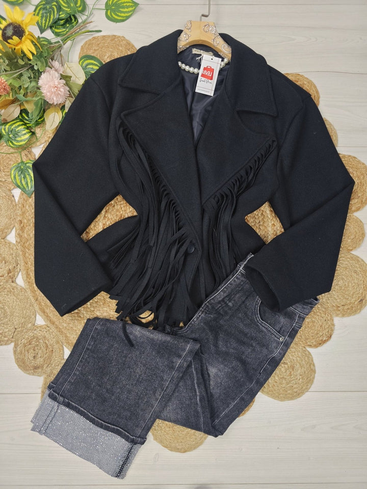 Cappotto in panno con fodera con frange chiusura con bottone con maniche lunghe morbido e caldo Nero Level Stores