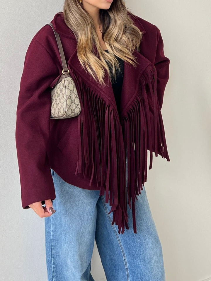 Cappotto in panno con fodera con frange chiusura con bottone con maniche lunghe morbido e caldo Nero Level Stores