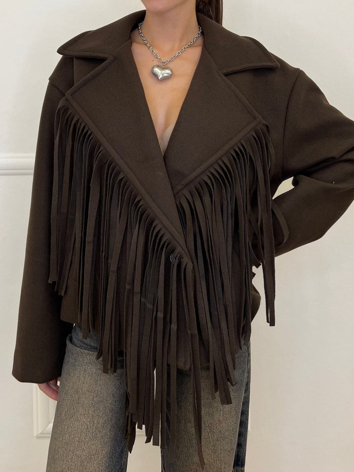 Cappotto in panno con fodera con frange chiusura con bottone con maniche lunghe morbido e caldo Nero Level Stores