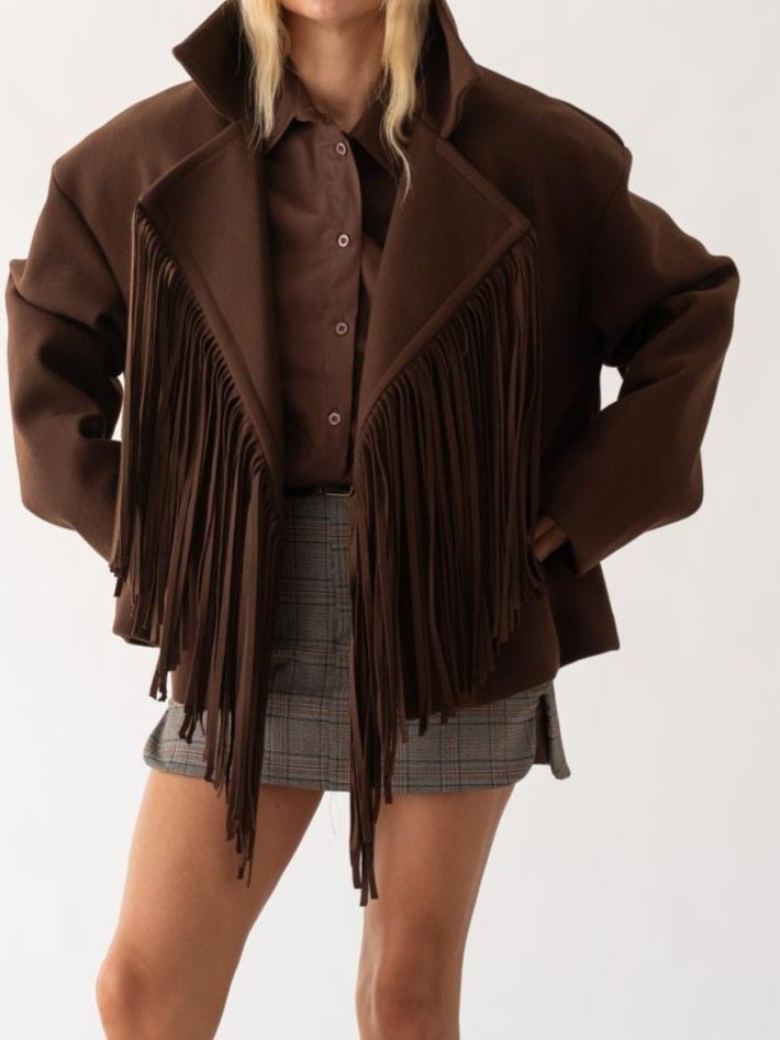 Cappotto in panno con fodera con frange chiusura con bottone con maniche lunghe morbido e caldo Marrone Level Stores