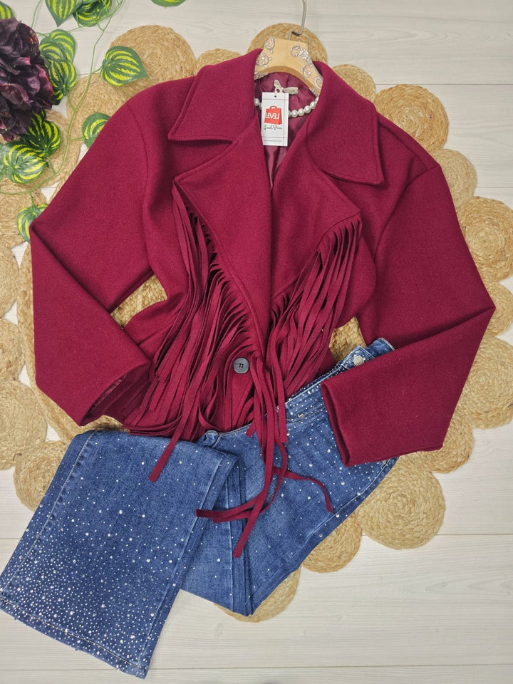 Cappotto in panno con fodera con frange chiusura con bottone con maniche lunghe morbido e caldo Nero Level Stores