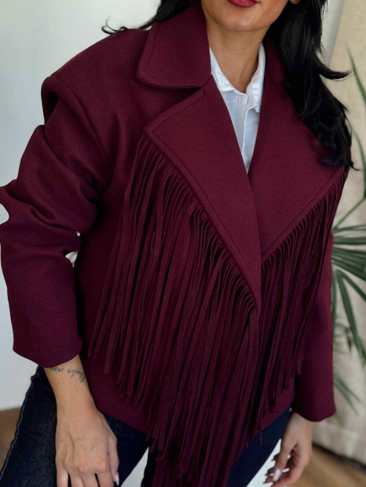Cappotto in panno con fodera con frange chiusura con bottone con maniche lunghe morbido e caldo Bordo Level Stores