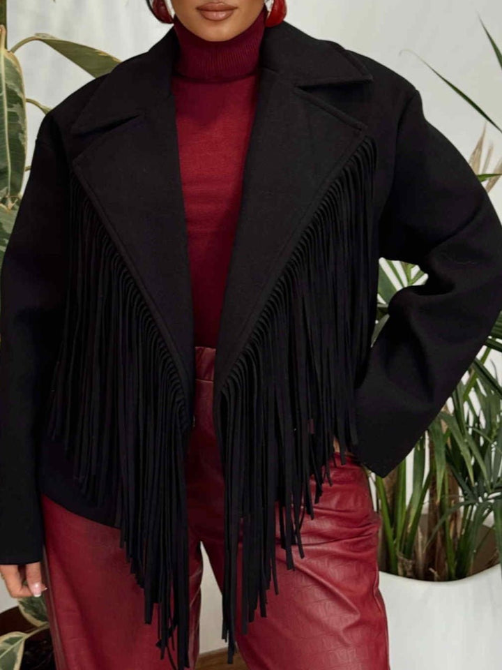 Cappotto in panno con fodera con frange chiusura con bottone con maniche lunghe morbido e caldo Nero Level Stores