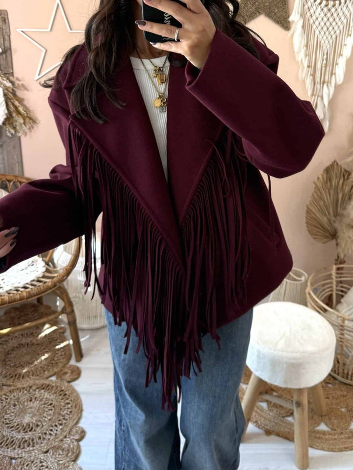 Cappotto in panno con fodera con frange chiusura con bottone con maniche lunghe morbido e caldo Nero Level Stores