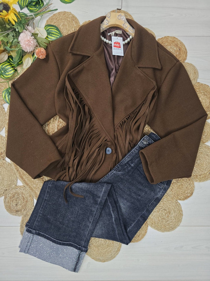 Cappotto in panno con fodera con frange chiusura con bottone con maniche lunghe morbido e caldo Nero Level Stores