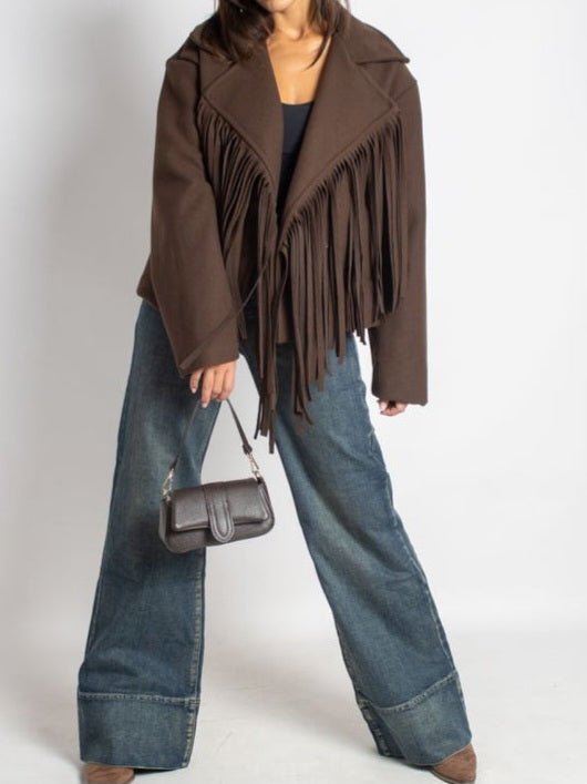 Cappotto in panno con fodera con frange chiusura con bottone con maniche lunghe morbido e caldo Bordo Level Stores