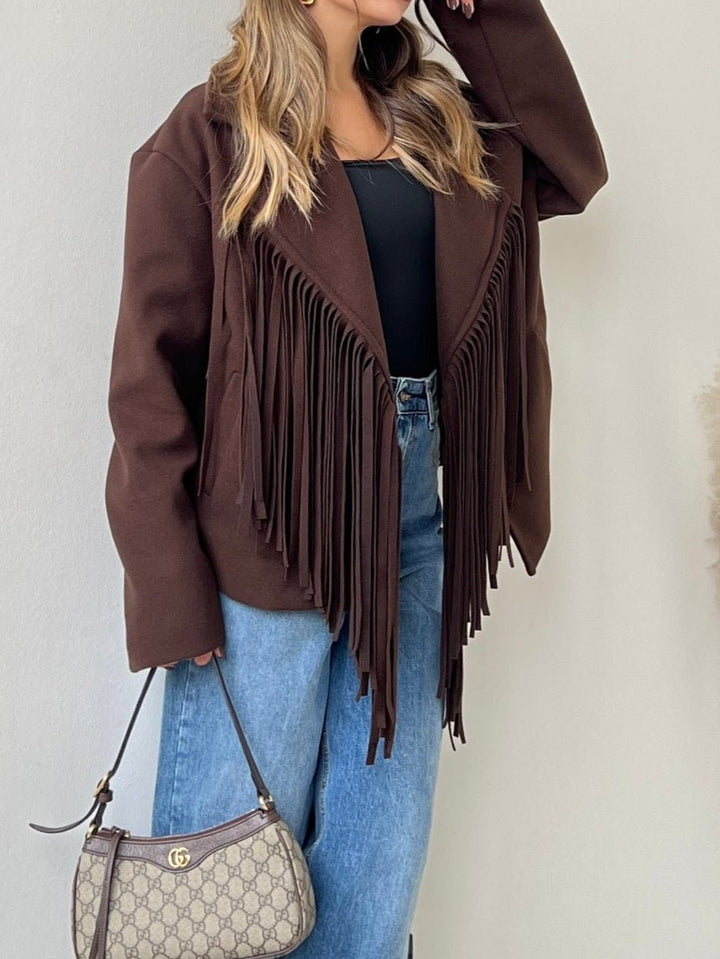 Cappotto in panno con fodera con frange chiusura con bottone con maniche lunghe morbido e caldo Bordo Level Stores