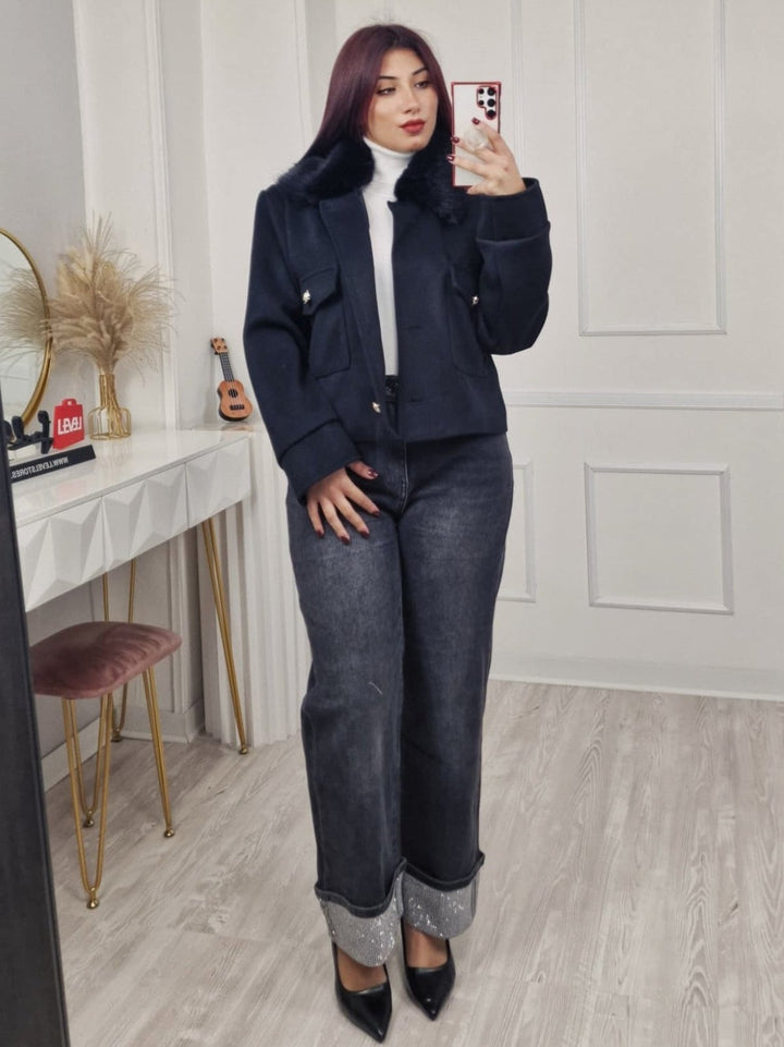 Cappotto in panno in pelliccia modello corto con tasche con fodera con maniche lunghe con bottoni morbido e caldo Nero Level Stores