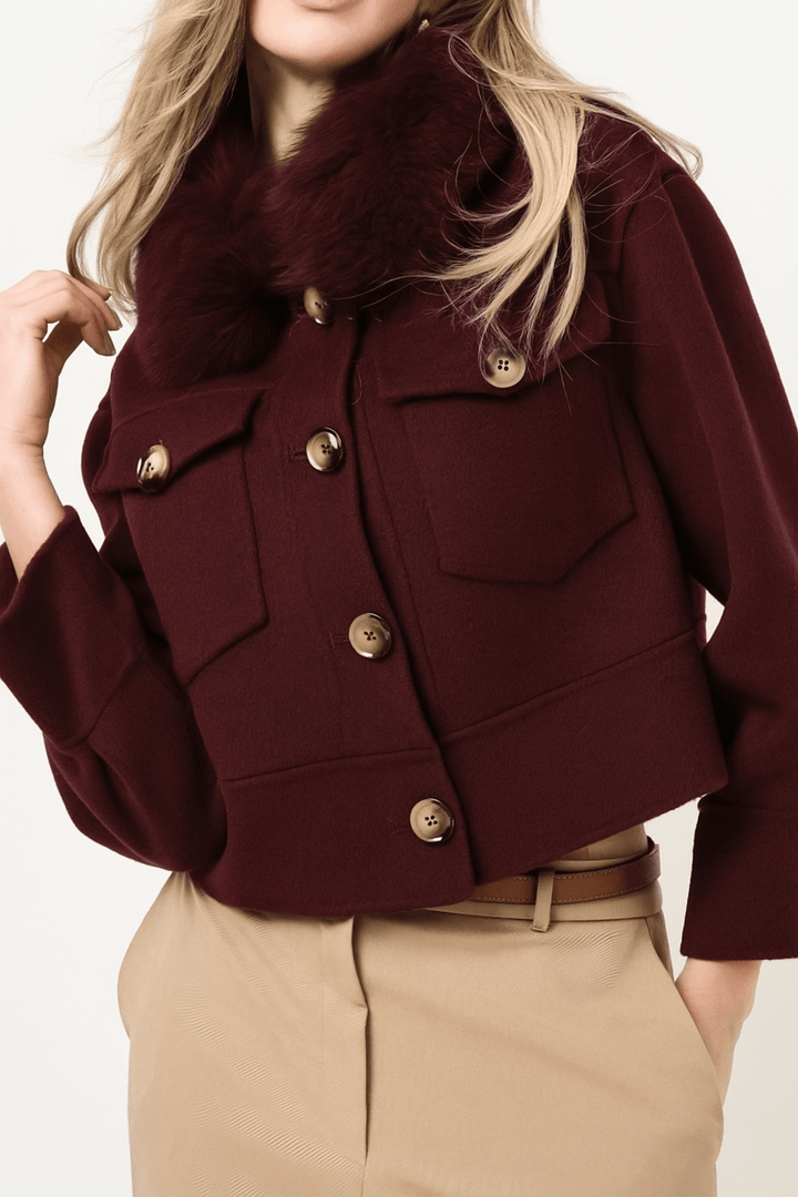 Cappotto in panno in pelliccia modello corto con tasche con fodera con maniche lunghe con bottoni morbido e caldo Bordo Level Stores