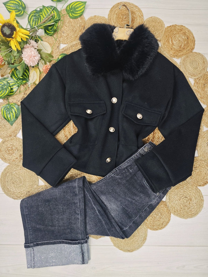 Cappotto in panno in pelliccia modello corto con tasche con fodera con maniche lunghe con bottoni morbido e caldo Nero Level Stores
