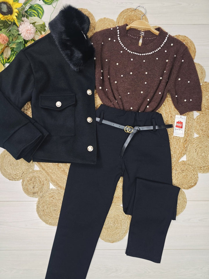 Cappotto in panno in pelliccia modello corto con tasche con fodera con maniche lunghe con bottoni morbido e caldo Nero Level Stores