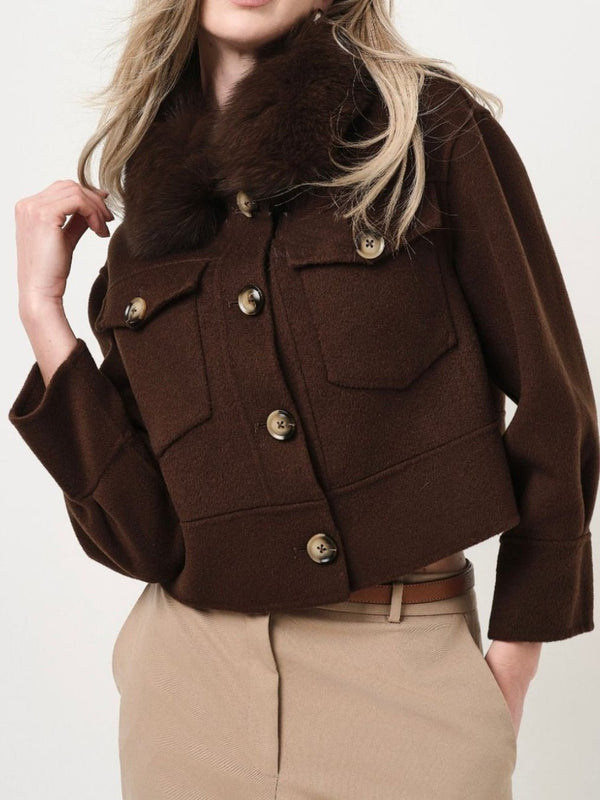 Cappotto in panno in pelliccia modello corto con tasche con fodera con maniche lunghe con bottoni morbido e caldo Marrone Level Stores