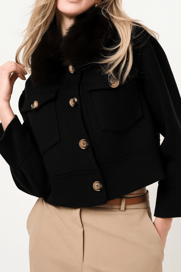 Cappotto in panno in pelliccia modello corto con tasche con fodera con maniche lunghe con bottoni morbido e caldo Nero Level Stores