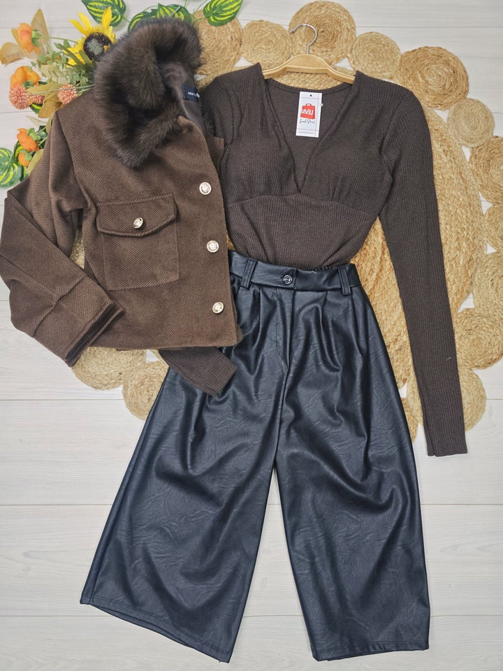 Cappotto in panno in pelliccia modello corto con tasche con fodera con maniche lunghe con bottoni morbido e caldo Marrone Level Stores